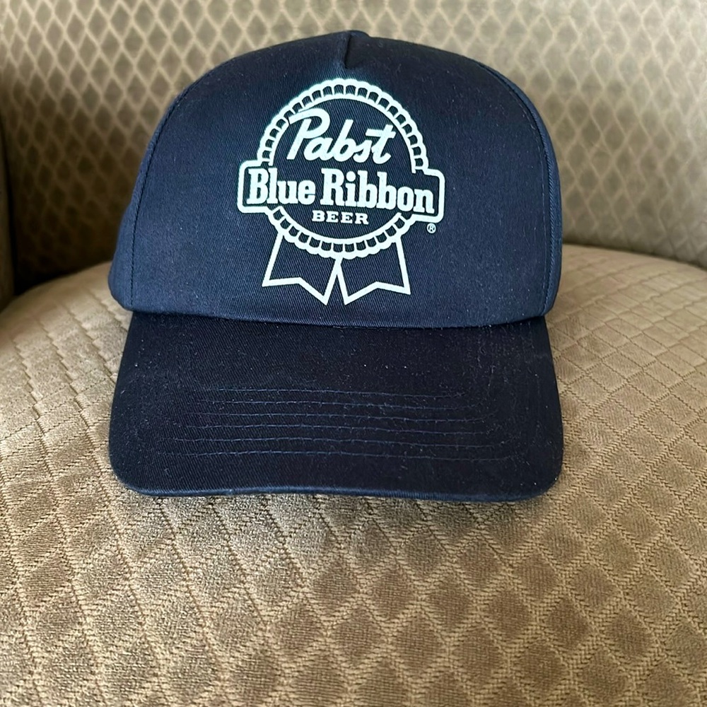 Pabst Blue Ribbon Beer Baseball Cap.  Navy blue and white.  Adjustable fit.